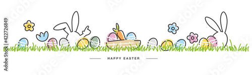 Easter basket with eggs and carrot handwritten bunnies, eggs, flowers, grass on white isolated background drawing in line design