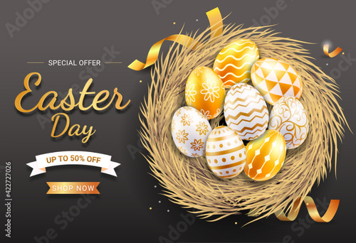 Happy easter day easter eggs gold colorful different and patterns texture on egg nest. Vector illustrations.