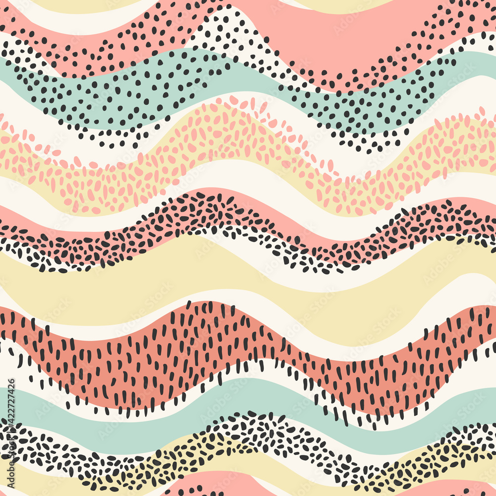 Wavy seamless pattern in modern style. Horizontal curly waves, minimal polka dot doodle.