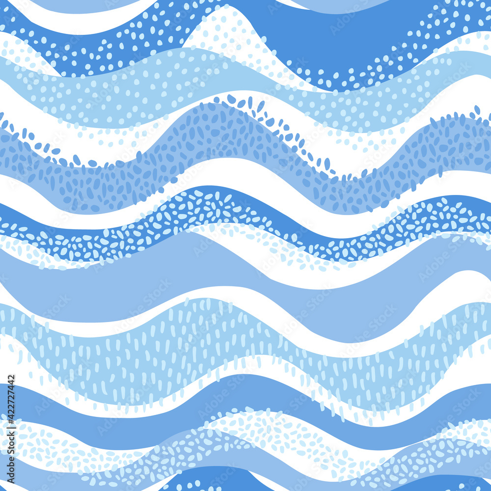 Wavy sea ocean seamless pattern in modern style. Horizontal curly waves, minimal polka dot doodle.
