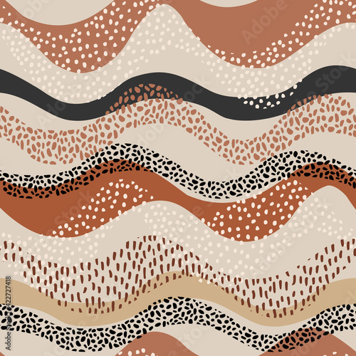 Wavy seamless pattern in natural geo style. Horizontal curly waves with minimal polka dot doodle.