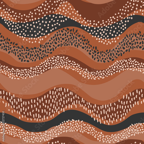 Wavy seamless pattern in natural geo style. Horizontal curly waves with minimal polka dot doodle.