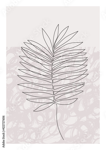 One line art palm leaf poster. Elegant tropical leaf with grunge doodle texture background.