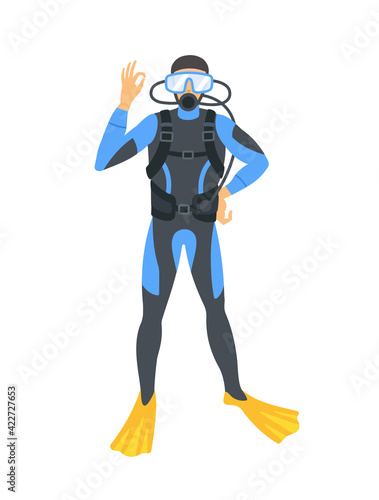 The diver poses and shows hello. Vector flat design illustration on white background.