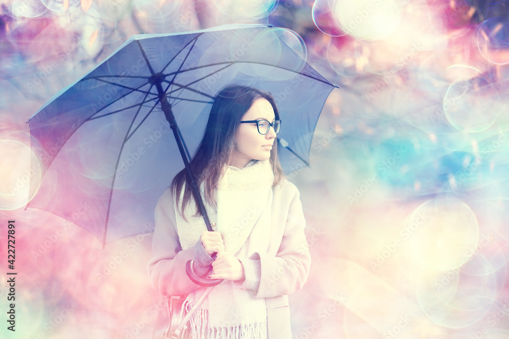 Fototapeta premium girl umbrella forest landscape / autumn view young woman with umbrella in city park