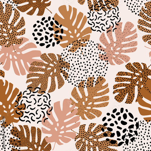 Hand drawn tropical summer background: monstera leaf silhouettes with squiggles, dots, geometric minimal shapes
