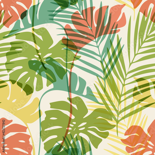 Hand drawn abstract tropical summer background: colorful palm leaf, monstera leaves silhouettes.