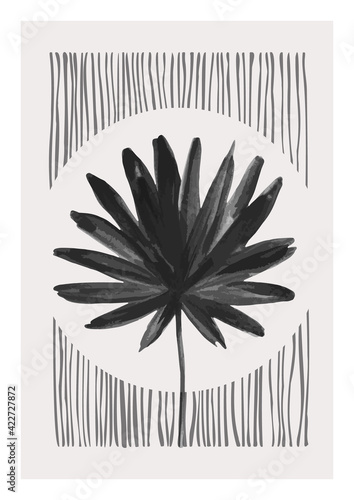 Modern minimal illustration with palm leaf and hand drawn texture for minimalist print, cover, boho wall decor, mid century design