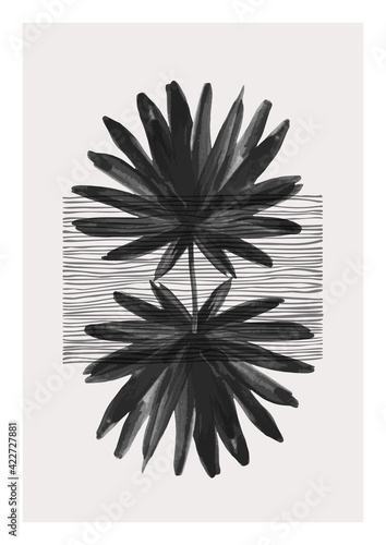 Modern minimal illustration with reflected palm leaves, hand drawn texture for minimalist print, cover, boho wall decor, mid century design