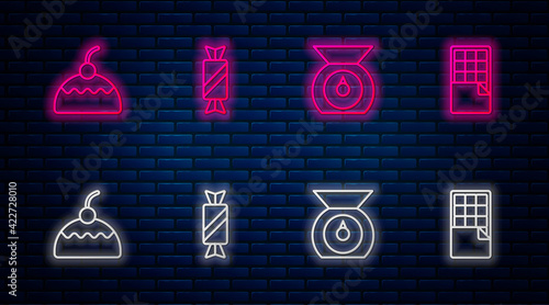 Set line Candy, Scales, Cake and Chocolate bar. Glowing neon icon on brick wall. Vector