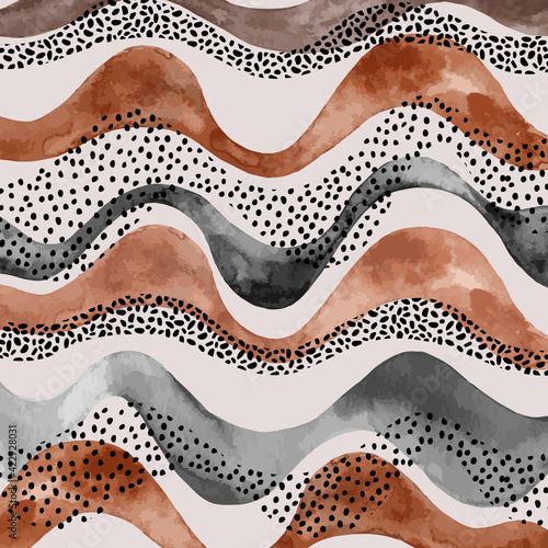 Abstract wavy stripes with doodle, polka dot, watercolor texture in earth tone colors