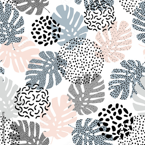 Hand drawn tropical summer background: monstera leaf silhouettes with squiggles, dots, geometric minimal shapes