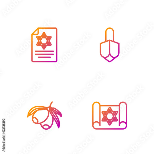 Set line Torah scroll, Olives branch, and Hanukkah dreidel. Gradient color icons. Vector