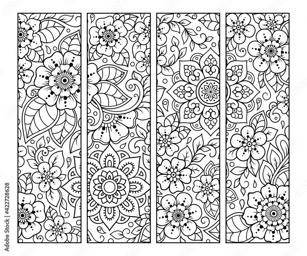 Bookmark for book - coloring. Set of black and white labels with floral ...