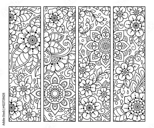 Bookmark for book - coloring. Set of black and white labels with floral doodle patterns, hand draw in mehndi style. Sketch of ornaments for creativity of children and adults with colored pencils.