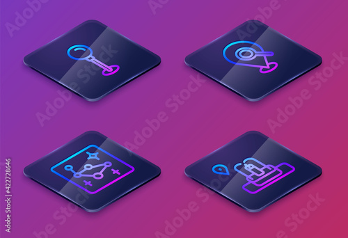 Set Isometric line Push pin, Great Bear constellation, Search location and Location with fountain. Blue square button. Vector