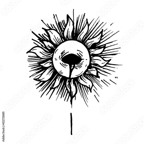 Black and white vintage etched art. Ink drawn ghotic plot of mystic sign. Clipart for sticker, tattoo, print. Shining sun, rays, flower petals and eye bleeding from open eyelid in center of circle.