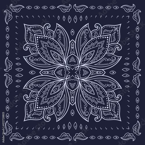 Decorative pattern of flowers and paisley for printing on fabric. Blue ornament for a bandana, a silk neckerchief, a tablecloth or a kerchief. Square sketch in tribal or oriental style.