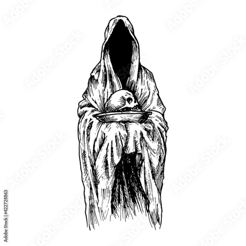 Black and white vintage etched art. Ink drawn ghotic plot of dethly hallows, halloween, nightmare or hell. Clipart for sticker, tattoo, print. Spooky ghost in mantle with hood holds skull on plate.