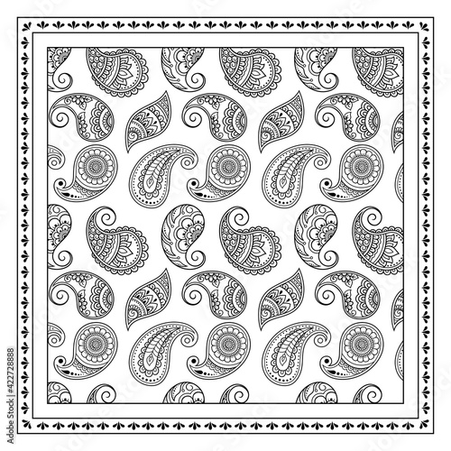 Decorative pattern of flowers and paisley for printing on fabric. Ornament for a bandana, a silk neckerchief, a tablecloth or a kerchief. Square sketch in tribal or oriental style.