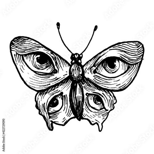 Etched vector illustration. Contemporary street art work. Hand drawn ink sketch of beautiful butterfly with open eyes on its wings soars in mystical dream. Entomology and lepidopterology science.