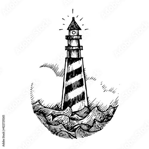 Etched vector illustration. Contemporary street art work. Hand drawn ink sketch of lonely lighthouse in middle of storm and sea waves in ocean. Tower in water on a rock for ship navigation in dark.