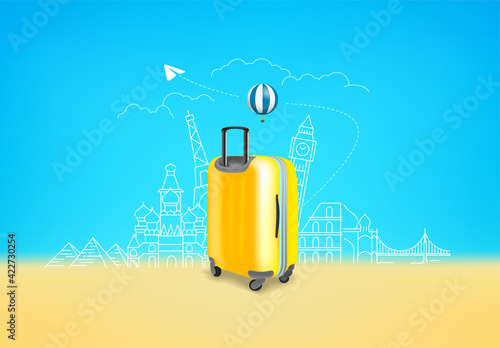Photoreal yellow suitcase with different travel famous sights