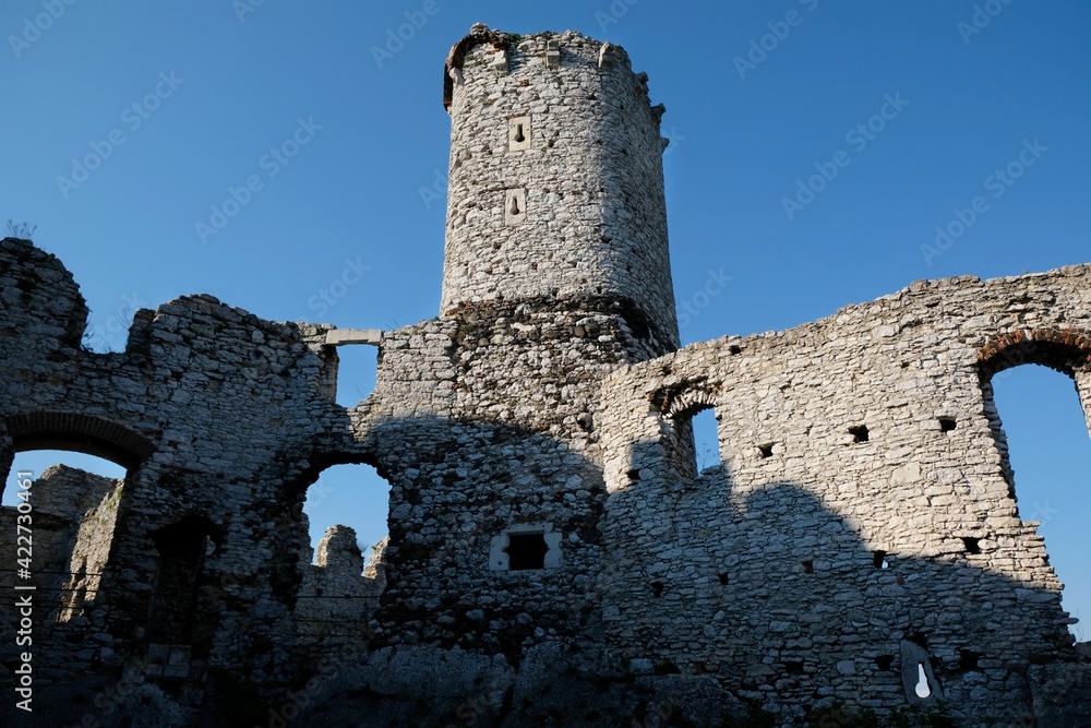 Ruins of medieval castle. It is Ogrodzieniec castle on Eagles Nests trail in the Jura region, Podzamcze, Krakowsko-Czestochowska Upland, Poland