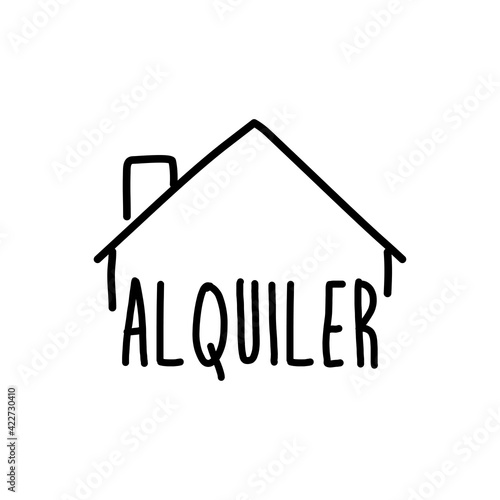 Real Estate. Alquiler de inmuebles. Logotipo con texto manuscrito Alquiler en español escrito a mano con tejado de casa con lineas en color negro