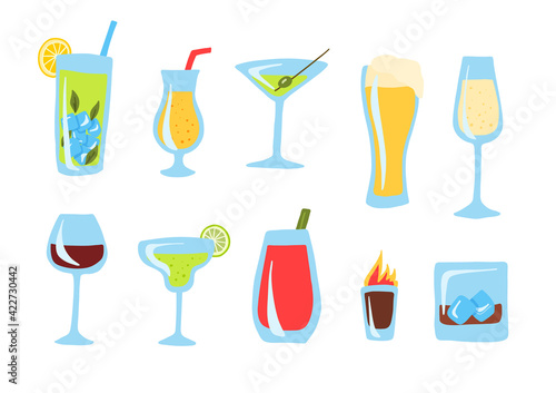 Cartoon Color Alcoholic Drinks Cocktails Icon Set. Vector