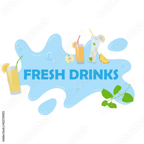 Fresh drinks poster with orange juice, coctails and ice-cubes. Vector