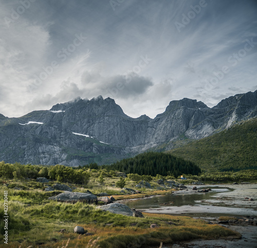 Norway Lofoten landscape with a large mountain in the background © Nico