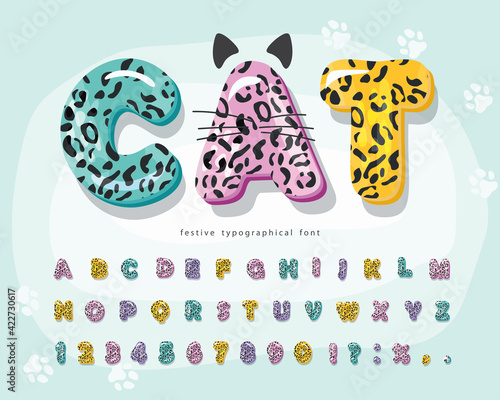 Cute animal cartoon font for kids. Funny leopard, jaguar, cheetah skin alphabet. Decorative fur print letters and numbers. Vector