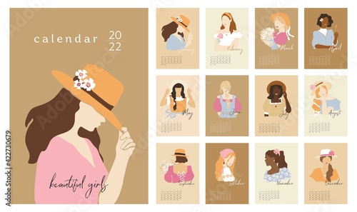 Wall vertical calendar for 2022, the week starts on Sunday. Template A4 format calendar set of month with abstract beautiful girls in vintage. Contemporary portraits posters. Vector illustration.