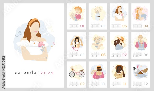 Wall vertical calendar for 2022, the week starts on Sunday. Template A4 format calendar set of month with abstract beautiful girls in vintage. Contemporary portraits posters. Vector illustration.
