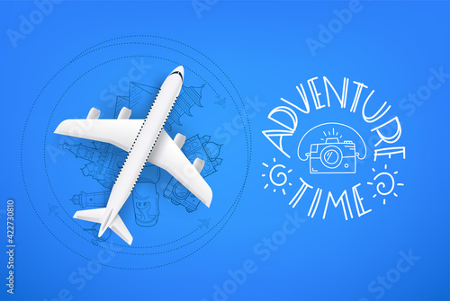 Adventure time concept with aircraft model and doodle elements, famous world sights