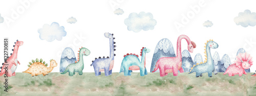Fototapeta seamless pattern with dinosaurs of different species, mountains, cute watercolor childrens illustration