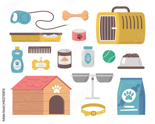 Cartoon Color Dog Supplies and Equipment Icon Set. Vector