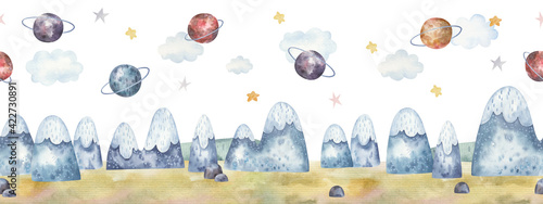 seamless pattern with landscape with mountains, space, stars, planets, cute watercolor childrens illustration