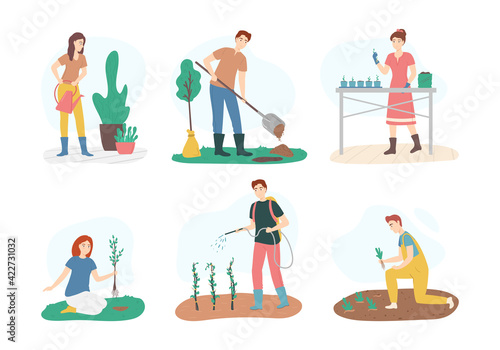 Cartoon Color Characters People and Gardening Concept. Vector