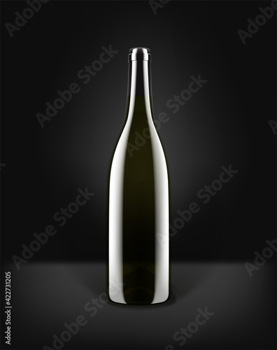 Dark glass bottle with wine on black background. Mockup for design