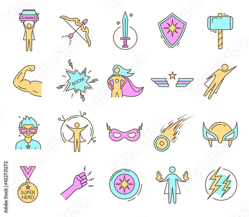 Super Hero Sign Color Thin Line Icons Set. Vector