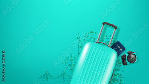 Travel illustration with handbag, camera and stamps. Flat lay illustration