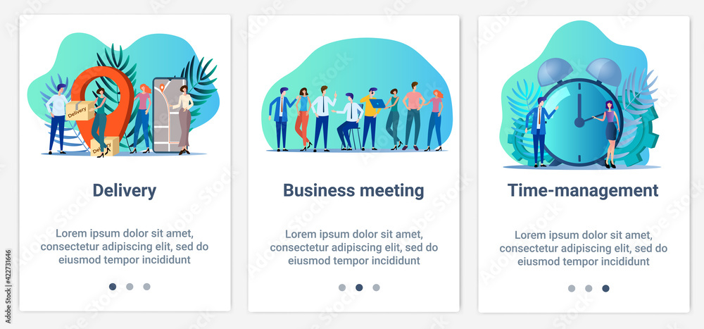 Modern flat illustrations in the form of a slider for web design. A set of UI and UX interfaces for the user interface.Topic Delivery, business meeting and time management.