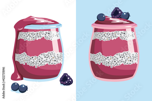 Chia-Samen Pudding. Gesundes veganes Essen. Dessert in einem Becherglas. Isolierte Vektorillustration
