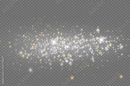 The dust is white. White sparks and golden stars shine with a special light. Vector sparkles on a transparent background. Christmas abstract illustration. Sparkling magical dust particles.