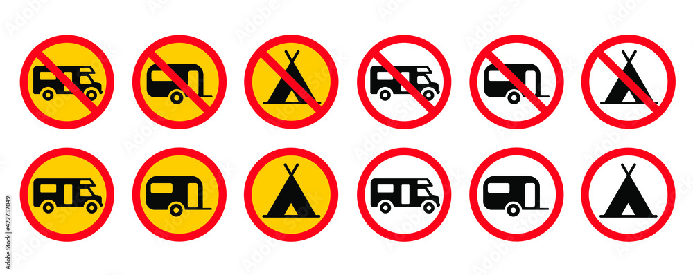 No caming zone. No caravan car of a trailer, a house on wheels or tent. Vector travel sign No caming zone. No caravan car of a trailer, a house on wheels or tent. Vector travel sign