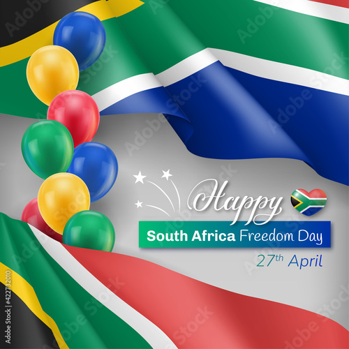 Happy South Africa Freedom Day patriotic backdrop. Holiday celebration banner, poster, flyer, card in national flag colorls with inflatable balloons realistic vector illustration