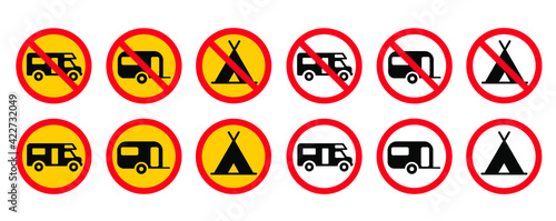 No caming zone. No caravan car of a trailer, a house on wheels or tent. Vector travel sign