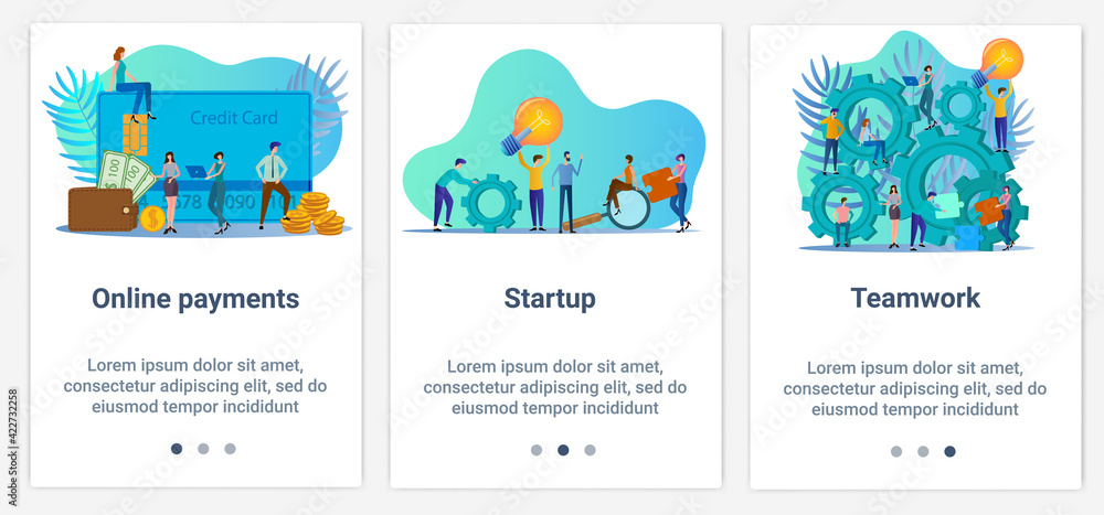 Modern flat illustrations in the form of a slider for web design. A set of UI and UX interfaces for the user interface.The topic is Online payments, startup and teamwork. Modern flat illustrations in the form of a slider for web design. A set of UI and UX interfaces for the user interface.The topic is Online payments, startup and teamwork.